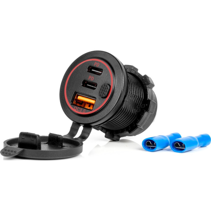 Amio Charger car charger with usb sockets waterproof with usb switch + 2x usb-c qc3.0 12v 24v -04227
