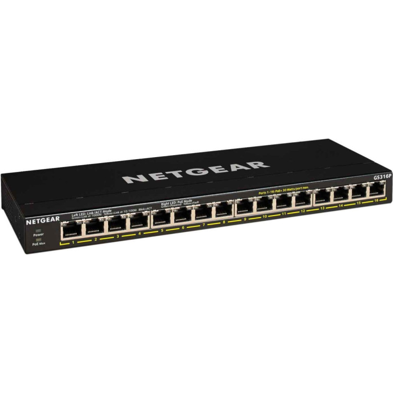 Netgear Switch Netgear GS316P-100EUS 16p PoE 115W* (PoE+: 16p) Unmanaged Gigabit