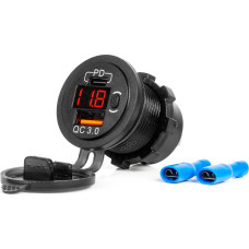 Amio Charger Car charger with usb sockets and voltage tester waterproof with usb switch + usb c qc3.0 12/24v -04222