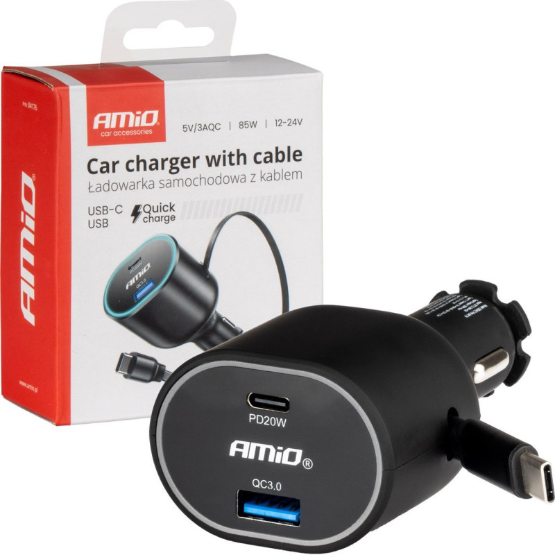 Amio Fast car charger with retractable cable 85w pd30w pd20w + qc3.0 usb-a usb-c -04176