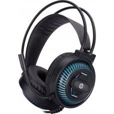 HP DHE-8001, headphones with microphone, wired black, 2.0, sub-illuminated, 3.5 mm jack + USB