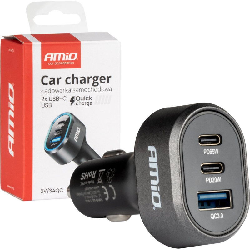 Amio Fast car charger 85w qc3.0 pd65w pd20w 2x usb-c 1x usb-a -04177