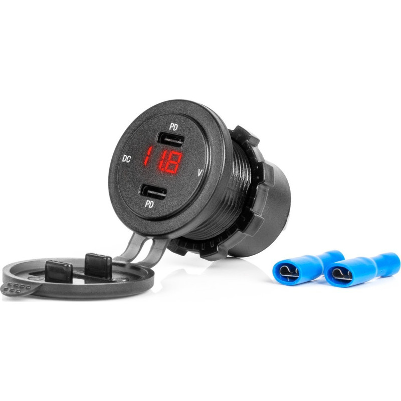 Amio Charger Car charger with usb sockets and voltage tester waterproof 2x usb-c 12v 24v -04225