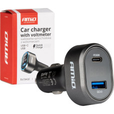 Amio Charger Fast car charger with voltmeter 48w pd30w qc3.0 usb-a usb-c -04178