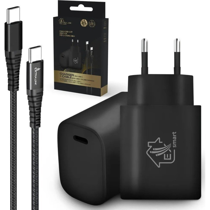 Extralink Smart Life USB Type-C to Type-C Kit, 200cm, Black + 18W PD3.0 Charger Black