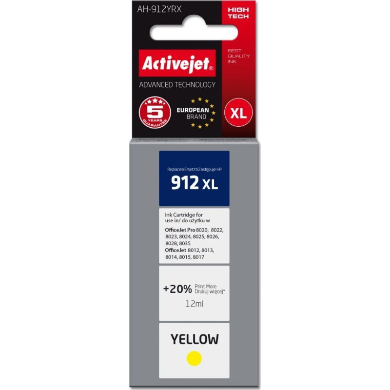 Activejet Tusz Activejet Tusz Activejet AH-912YRX (zamiennik HP 912XL 3YL83AE; Premium; 990 stron; żółty)
