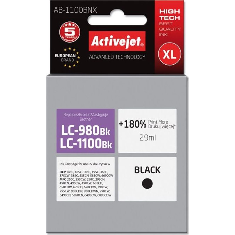 Activejet Tusz Activejet Activejet Tusz Activejet AB-1100BNX (zamiennik Brother LC1100BK/980BK; Supreme; 29 ml; czarny)