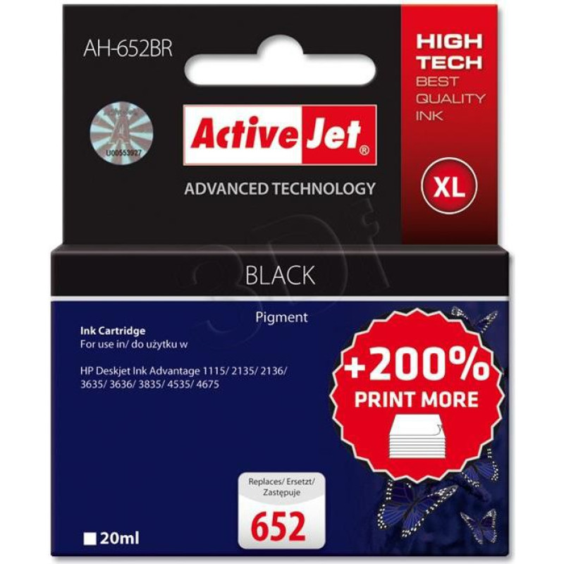 Activejet AH-652BR / HP 652 F6V25AE Ink (Black)