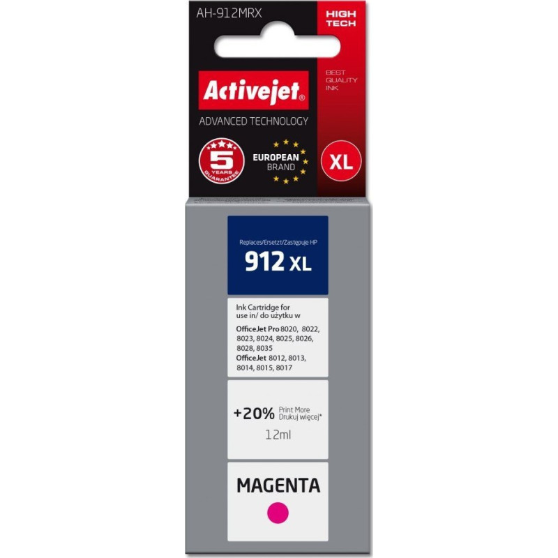 Activejet Tusz Activejet Tusz Activejet AH-912MRX (zamiennik HP 912XL 3YL82AE; Premium; 990 stron; czerwony)