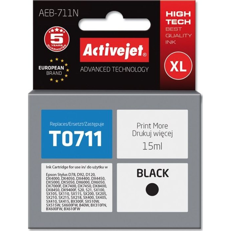Activejet AEB-711N Ink (replacement Epson T0711, T0891, T1001; Supreme; 15 ml; black)