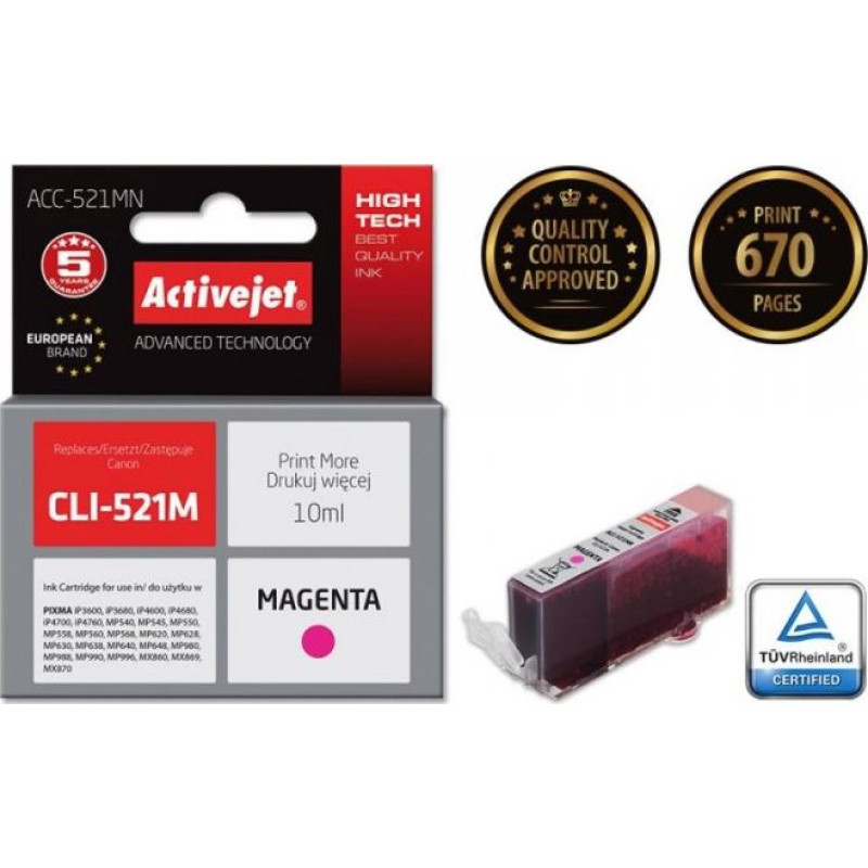Activejet ACC-521MN Ink (Canon CLI-521M replacement; Supreme; 10 ml; red)