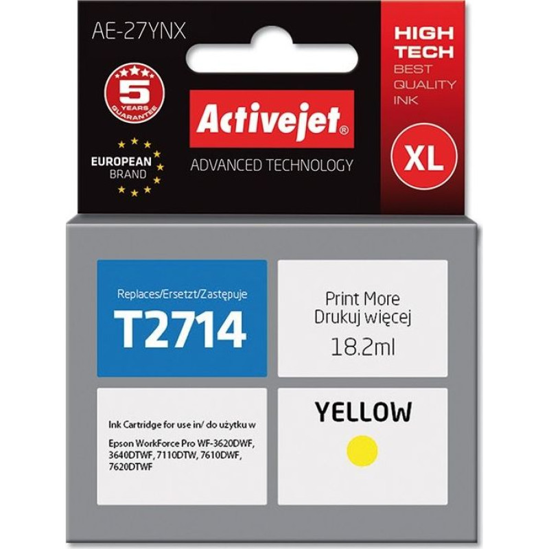 Activejet Ink AE-27YNX (replacement Epson 27XL T2714; Supreme; 18 ml; yellow)